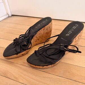 100% Authentic Prada Strappy Wedge Cork Sandals 38.5